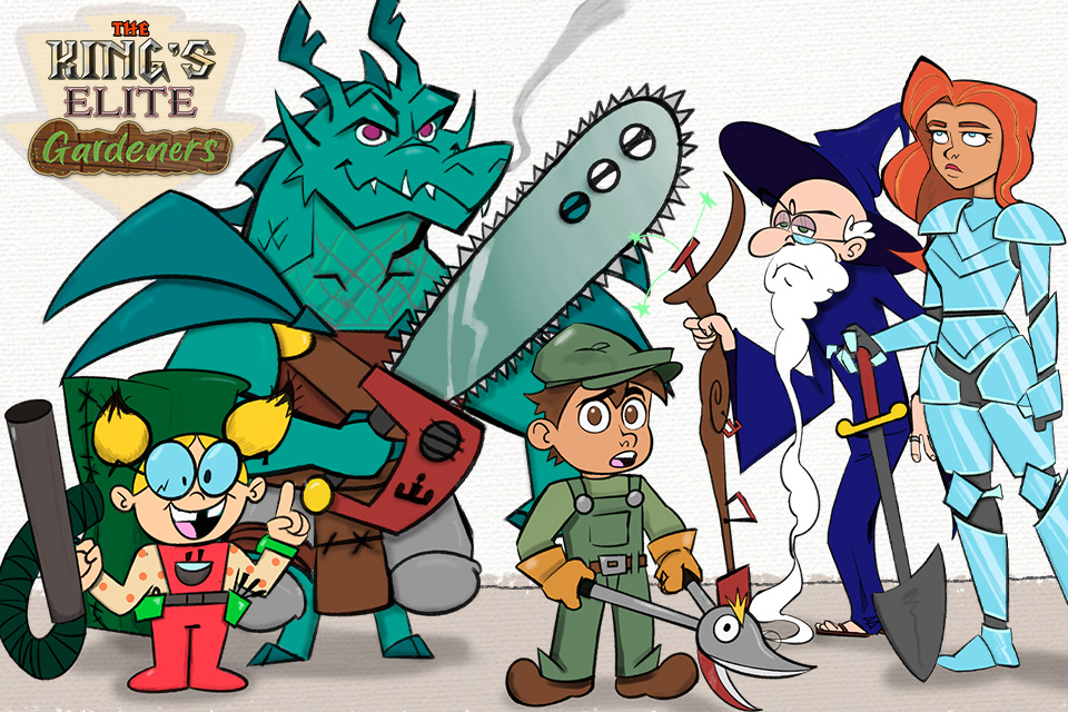 King's Elite Gardeners. Illustration of a a dragon, engineer, gardener, wizard and princess holding gardening tools like weapons.