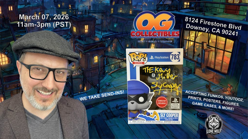 Man in front of cartoony Paris. Come meet the voice behind the hit Playstation gaming series! Kevin Miller voice of Sly Cooper! March 07, 2026 11am-3pm 8124 Firestone Blvd Downey, CA 90241 We take send-ins! Accepting Funkos, Youtooz, prints, posters, figures, game cases and more!