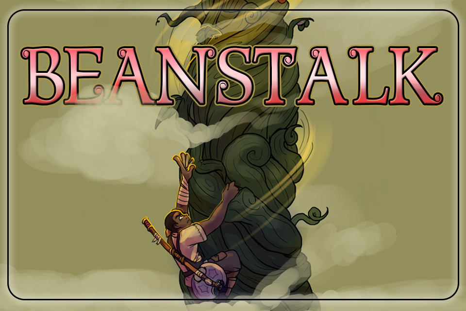 Young man, climbing an enormous beanstalk up into the sky