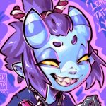 Illustration of the face of a horned demon smiling.